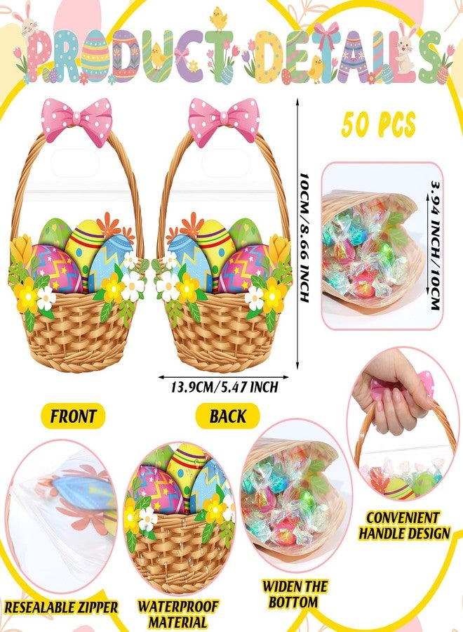 اياستي أكياس هدايا عيد الفصح من إيستي، ٥٠ قطعة، أكياس هدايا سلة عيد الفصح بمقبض، قابلة لإعادة الإغلاق، بيض ملون، فيونكة زهرية، أكياس بلاستيكية محكمة الإغلاق للحلوى، مناسبة لفعاليات البحث عن البيض، وحفلات الأعياد، ومستلزمات تغليف الهدايا والزينة. - Image 2